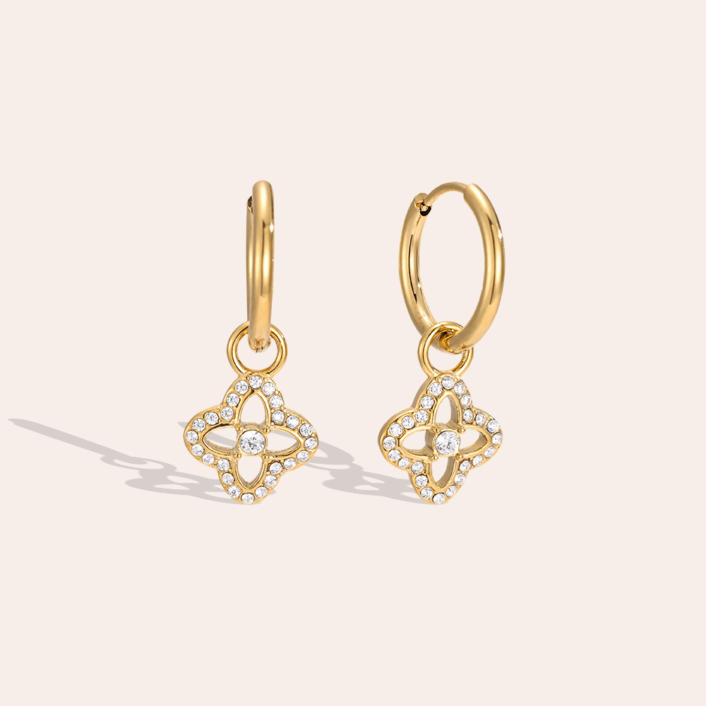 Stainless steel earrings, 25mm, with delicate cubic zirconia in a cloverleaf design