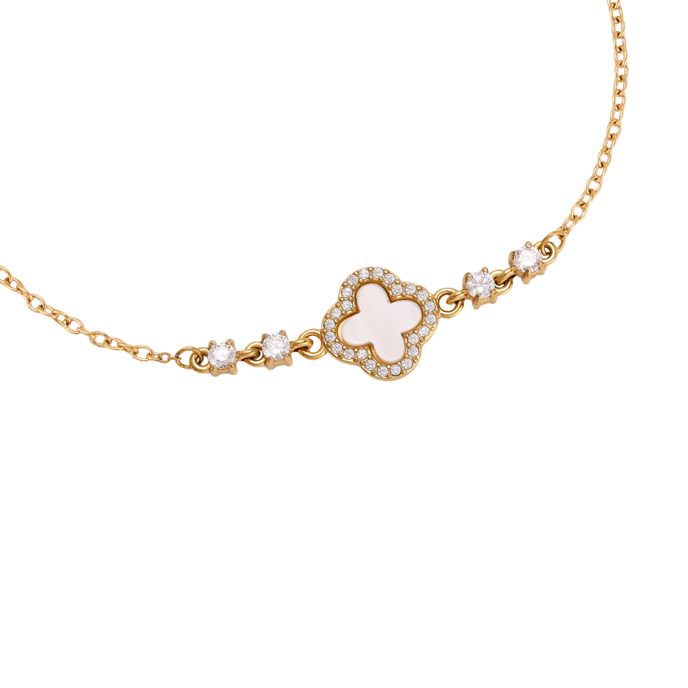 Stainless steel bracelet, 17 cm, with an acrylic shamrock featuring a zirconia border