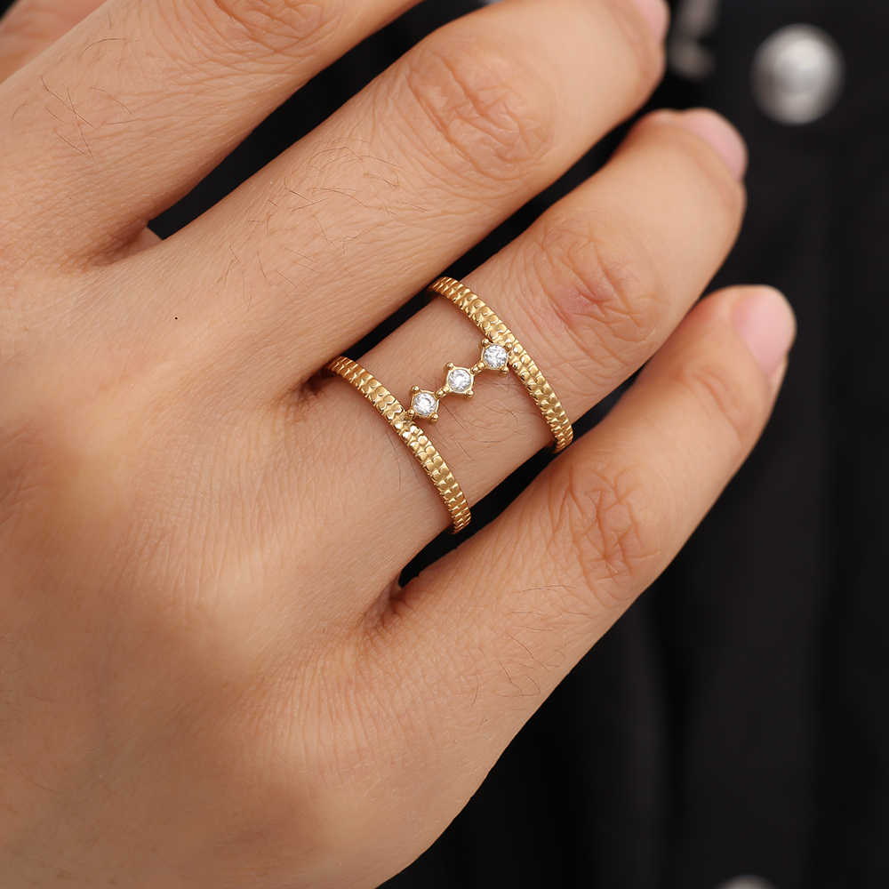 Adjustable double stainless steel ring with cubic zirconia  