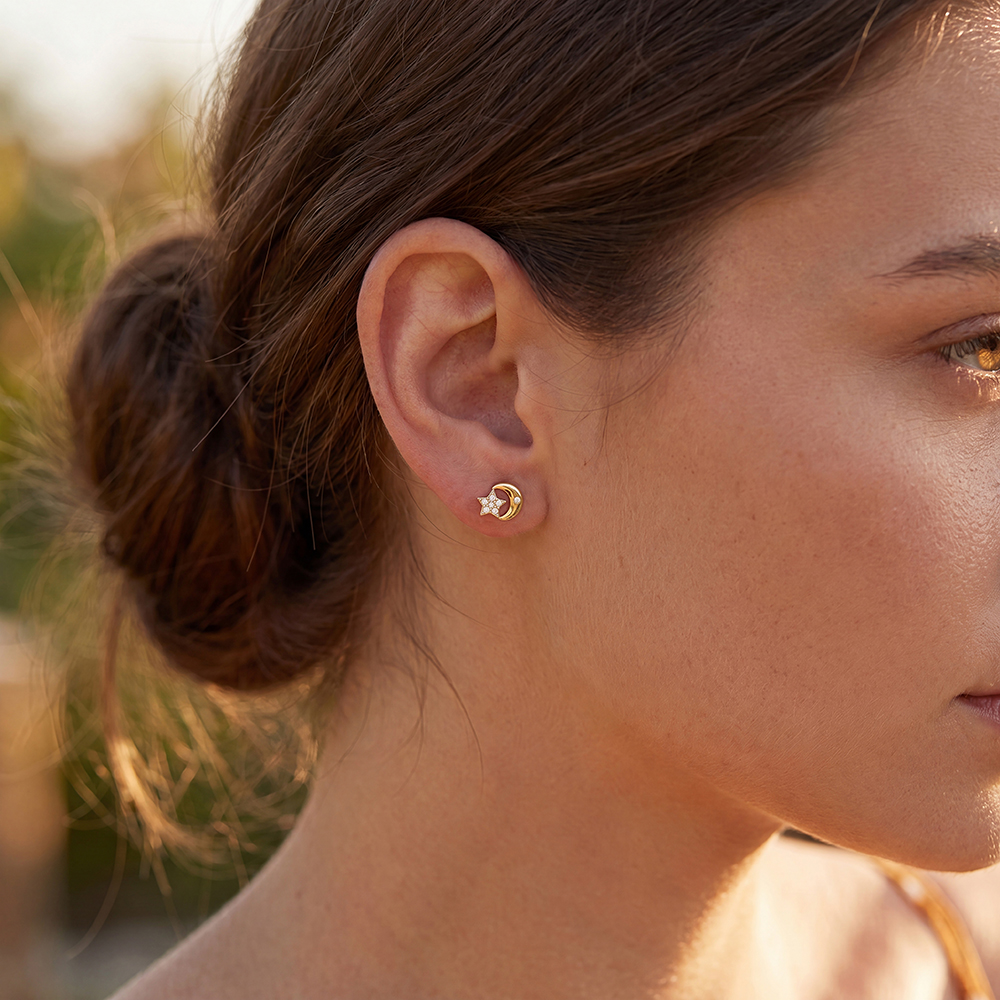 Stainless steel earrings, 7mm, with zirconia stars and moons