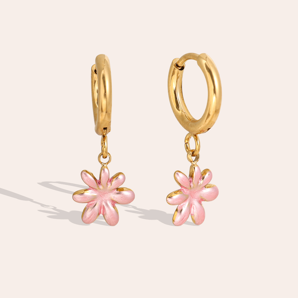 Stainless steel earrings 1.2*2.6cm pink flowers