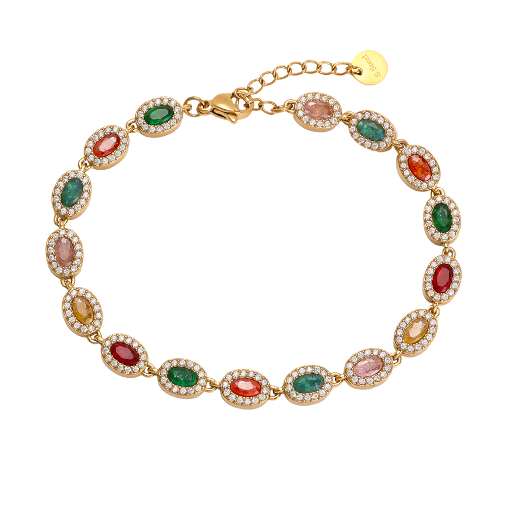 Stainless steel bracelet, 17 cm, oval, colourful, sparkling cubic zirconia   