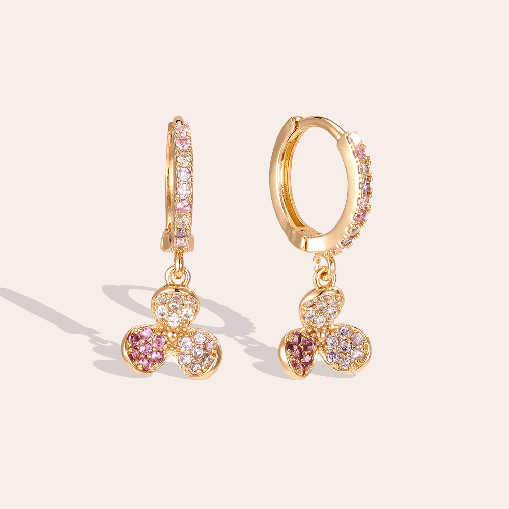 Gold-plated earrings, 24mm three-petalled cubic zirconia flower 