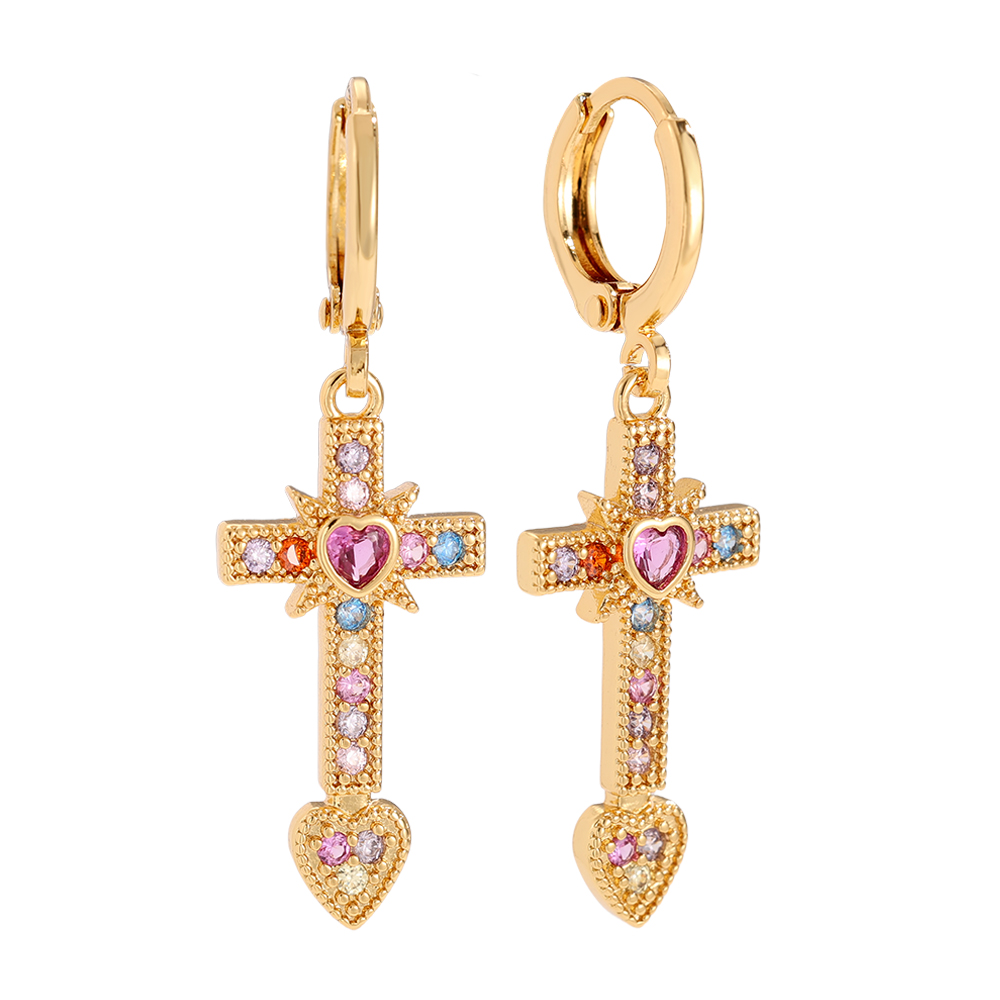 Gold-plated earrings 3.9cm Diamond Cross And Heart