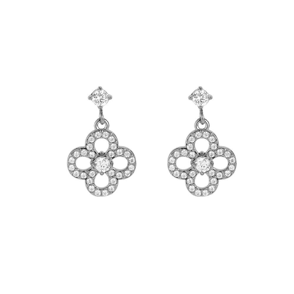 Stainless steel earrings, 20 mm, cubic zirconia, four-leaf clover  
