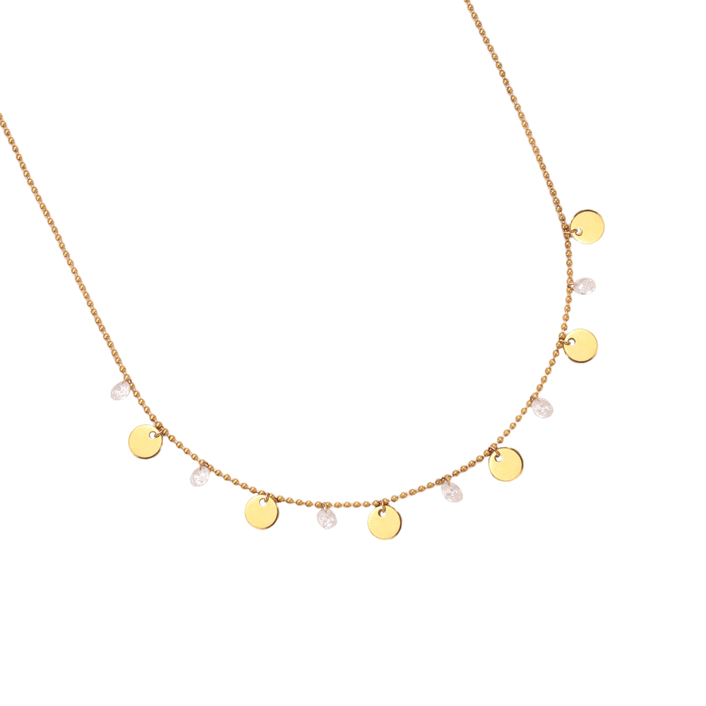 Stainless steel necklace, 40 cm, with gold-coloured discs and cubic zirconia