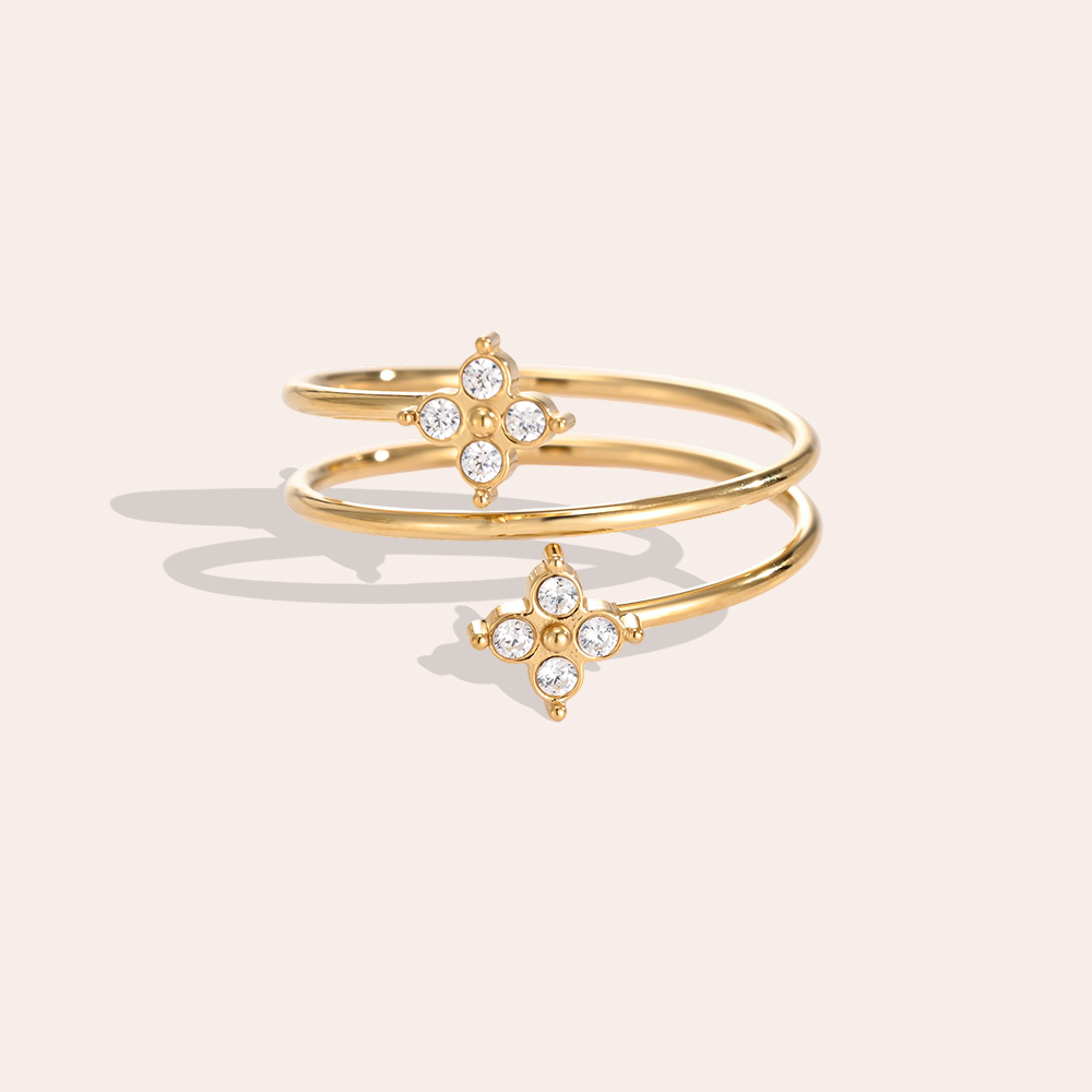 Stainless Steel Ring, Adjustable, Double Cloverleaf, Zirconia, Multi-row