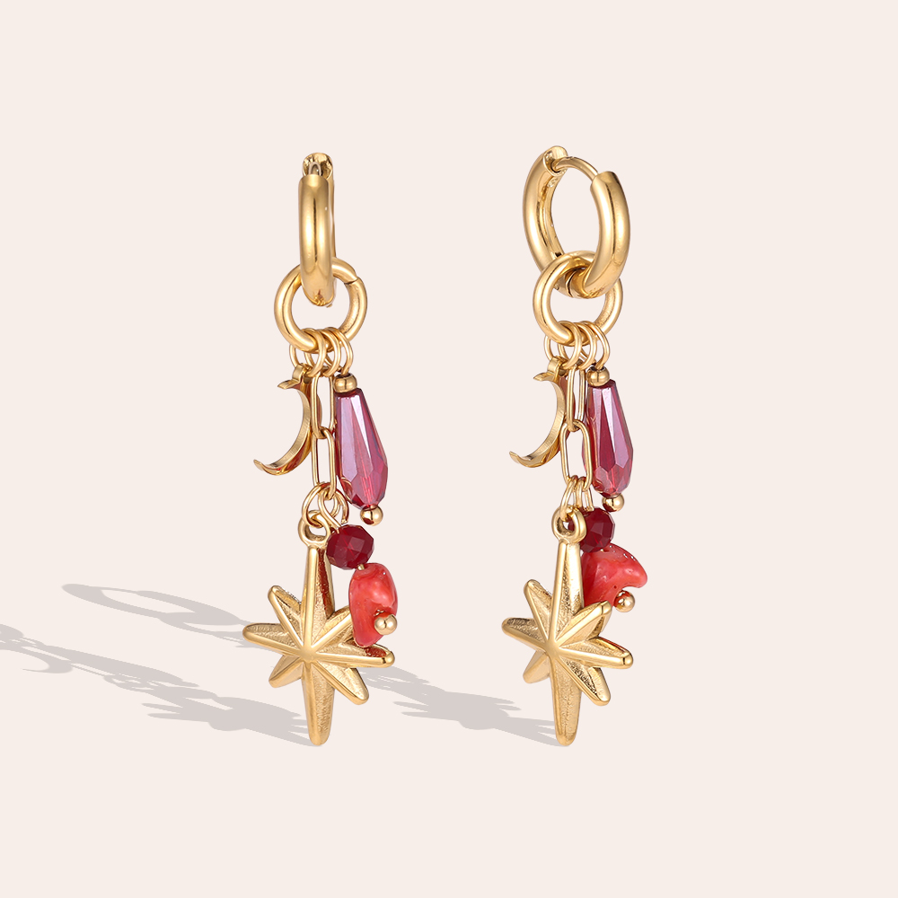 Stainless steel earrings, 49mm star with red crystal