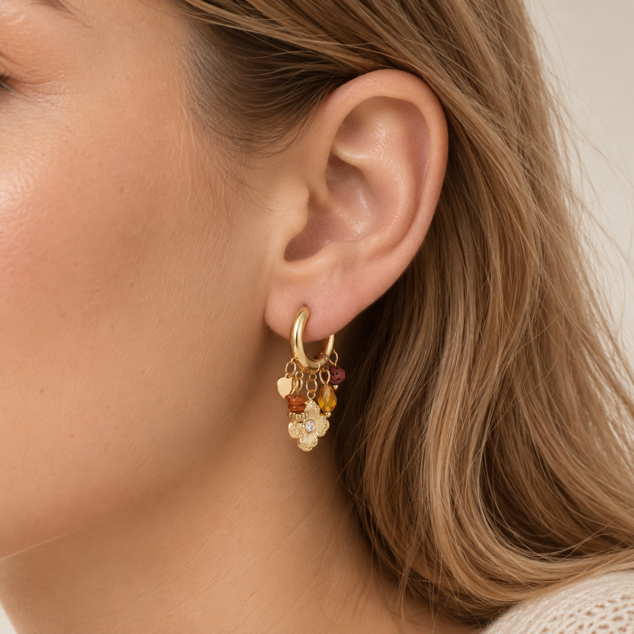 Stainless steel earrings, 18 × 12 mm, gold flower with small decorative detail 