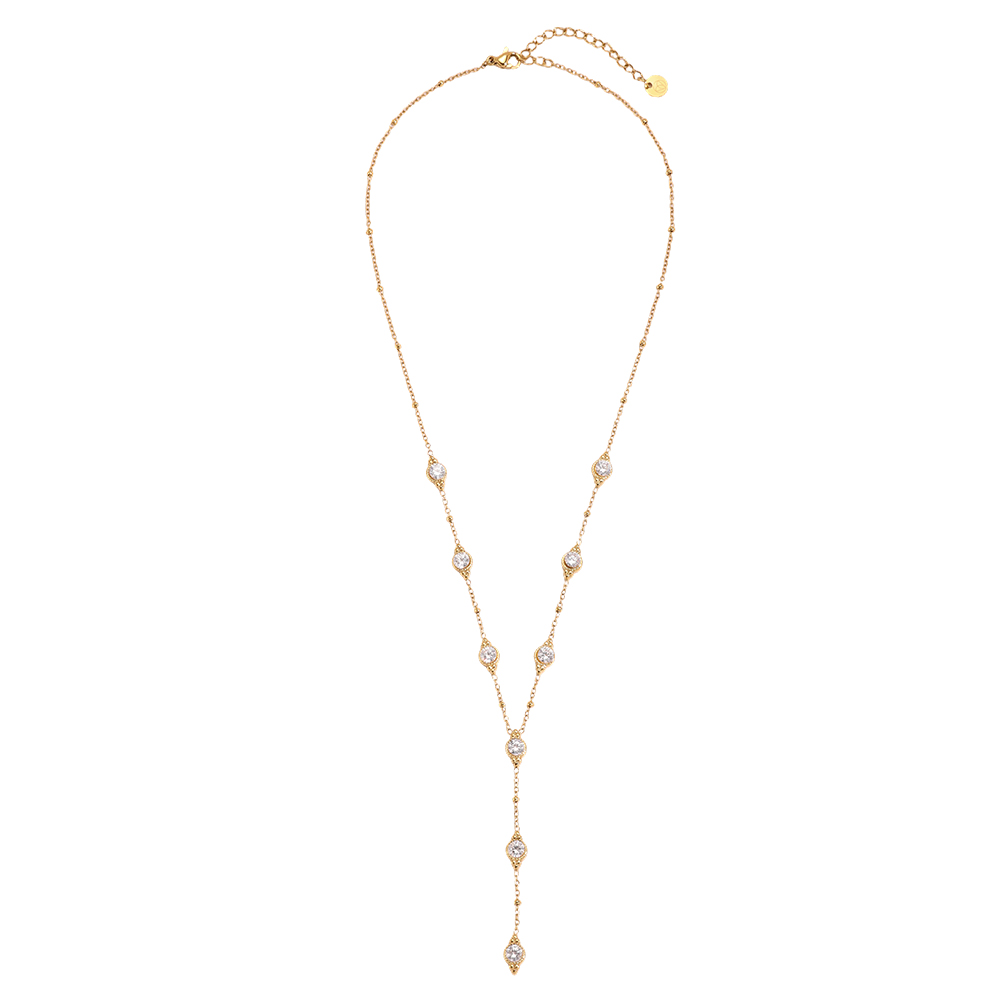 Stainless steel necklace, 41 cm, with several sparkling round cubic zirconia stones