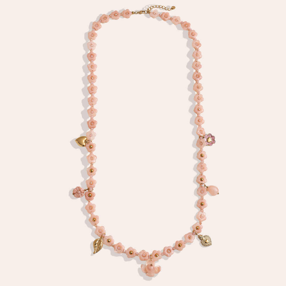 Stainless steel necklace 90cm resin flower necklace with charms