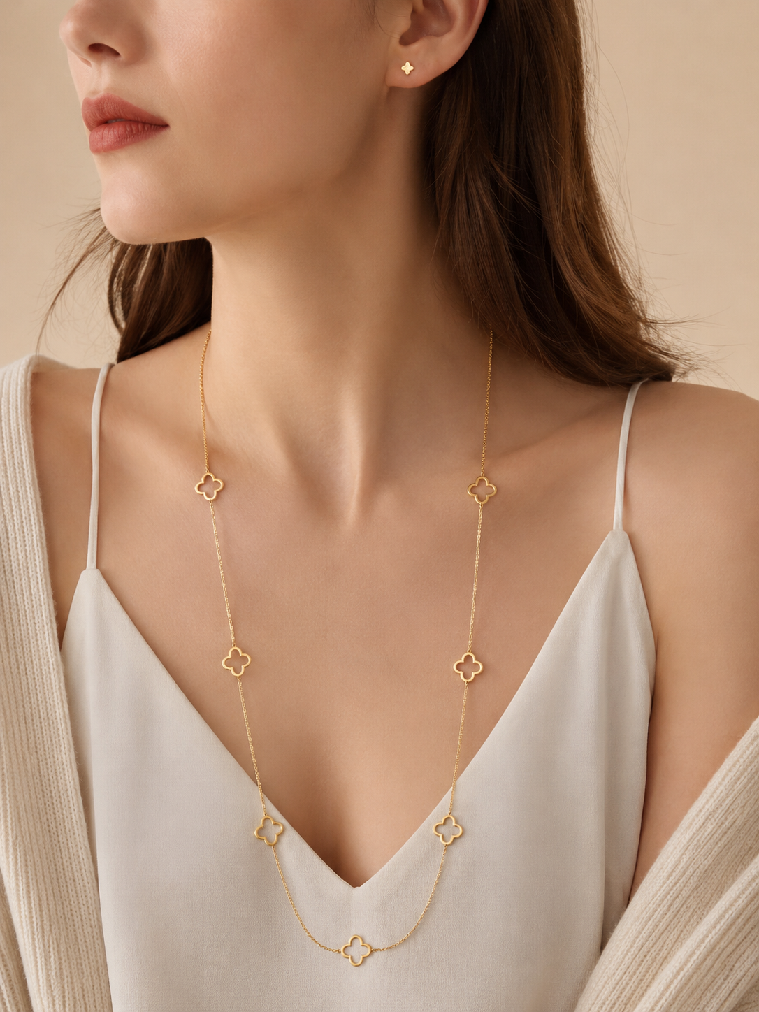 Stainless steel necklace, 80 cm, with a simple four-leaf clover  