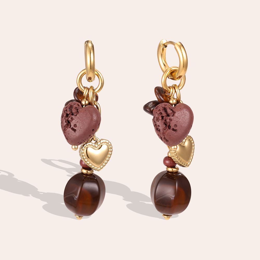 Stainless steel earrings: 57mm heart made of lava stone with a brown crystal  