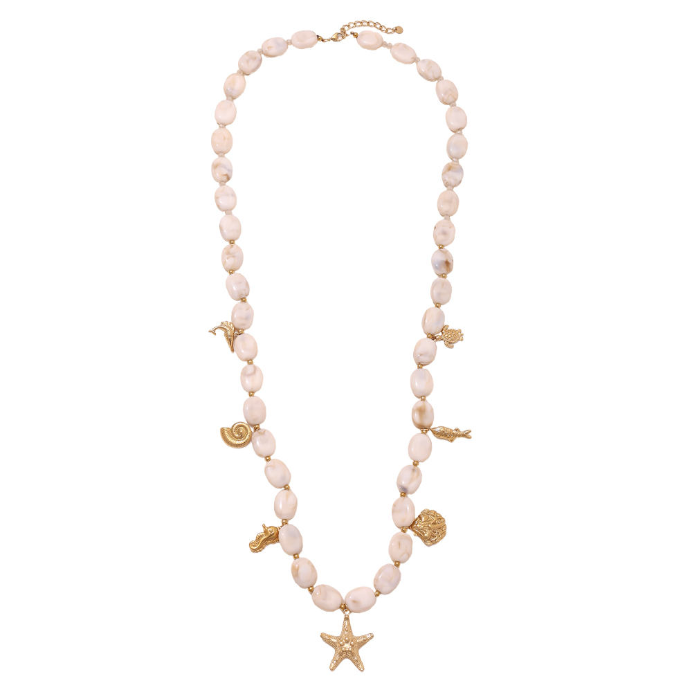Stainless steel necklace 94cm acrylic ball and golden sea creatures 