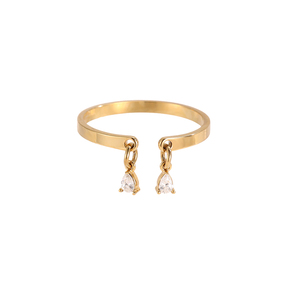 Stainless steel ring, adjustable, with two small teardrop-shaped zirconia stones