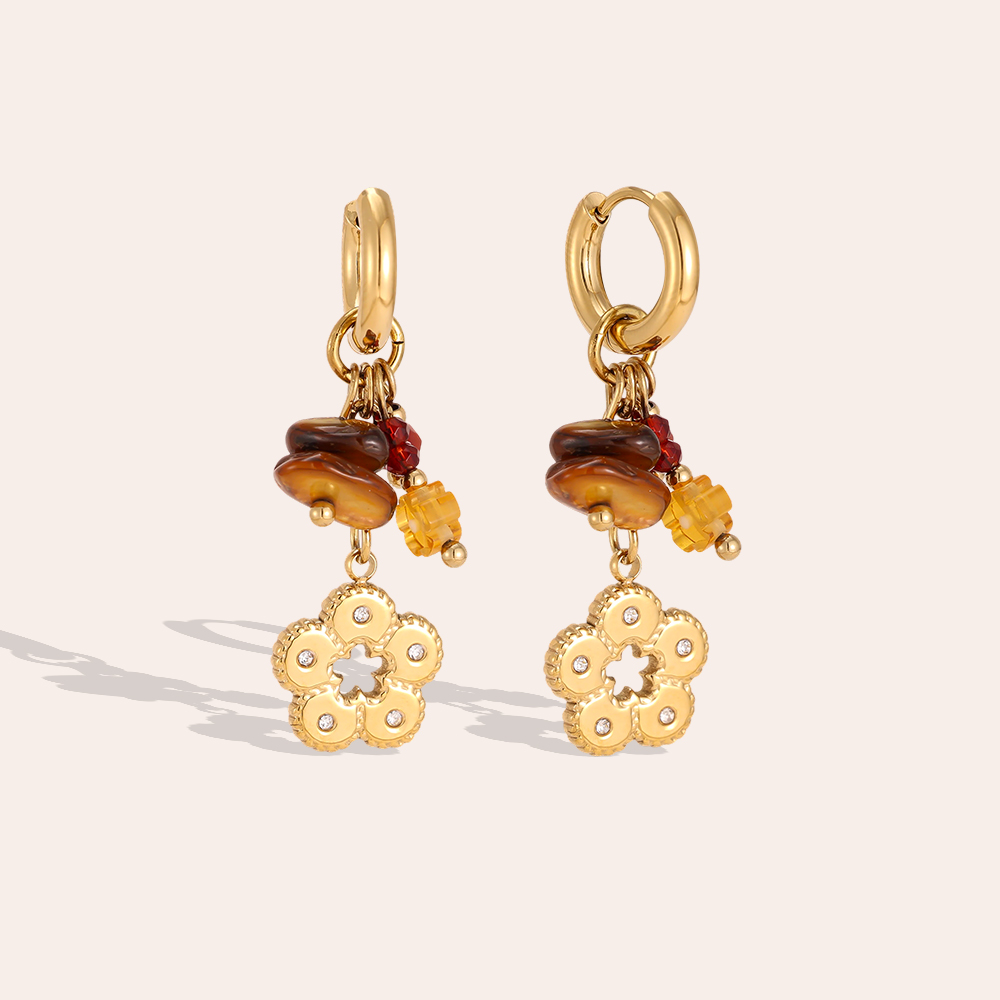 Stainless steel earrings, 42 x 13 mm, gold-coloured flowers with crystal and glass