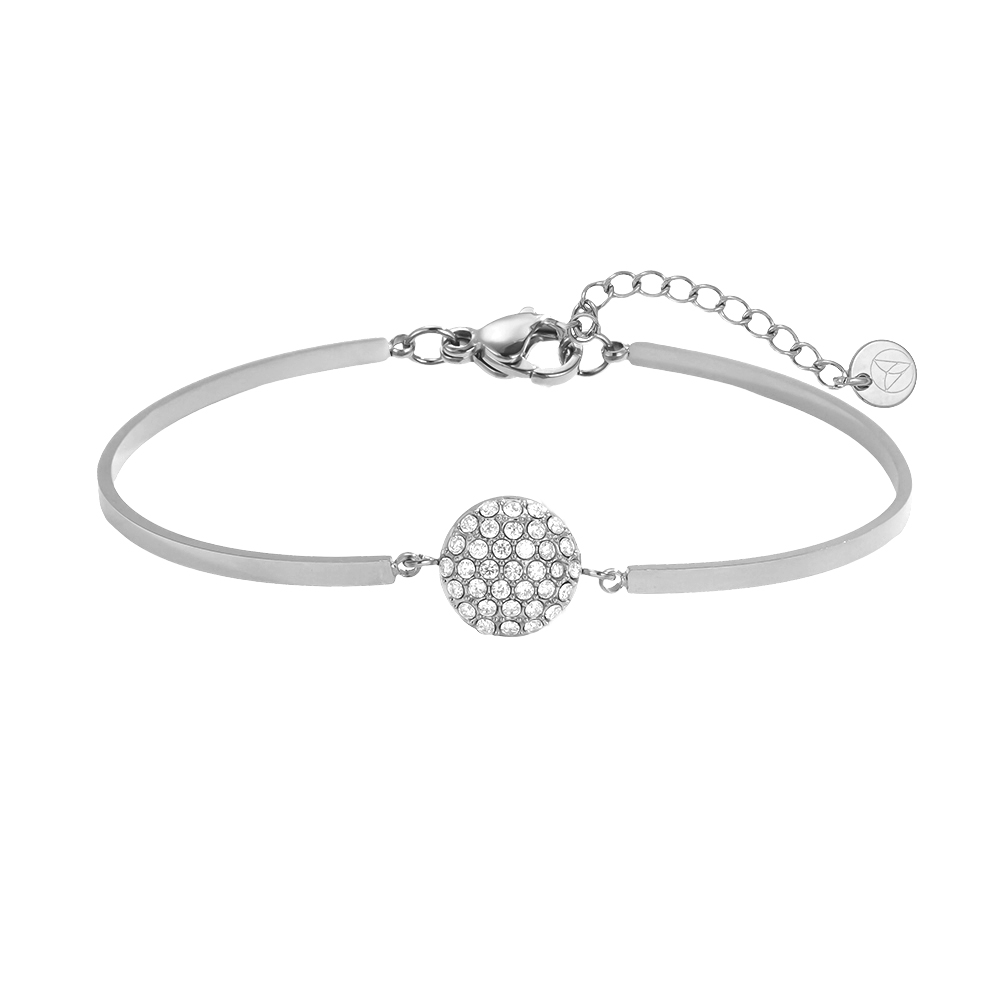 Stainless steel bracelet, adjustable, double-ring design, round, with rhinestones