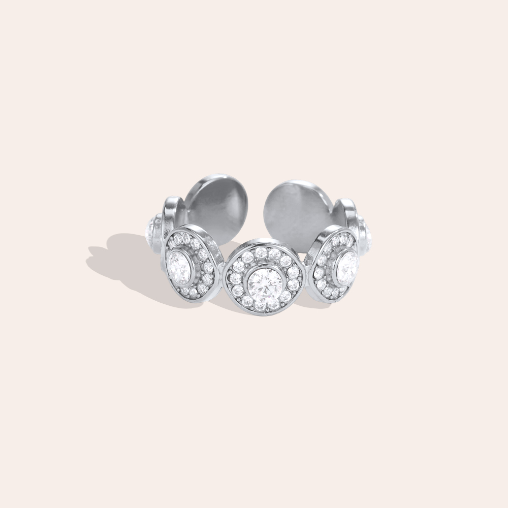Stainless steel ring, adjustable, with sparkling cubic zirconia