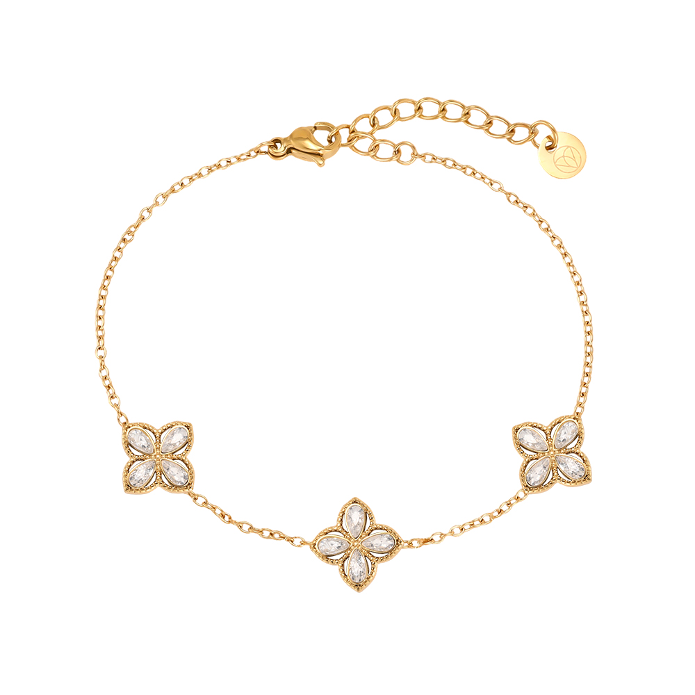 Stainless steel bracelet, 17 cm, with three cubic zirconia clover leaves 