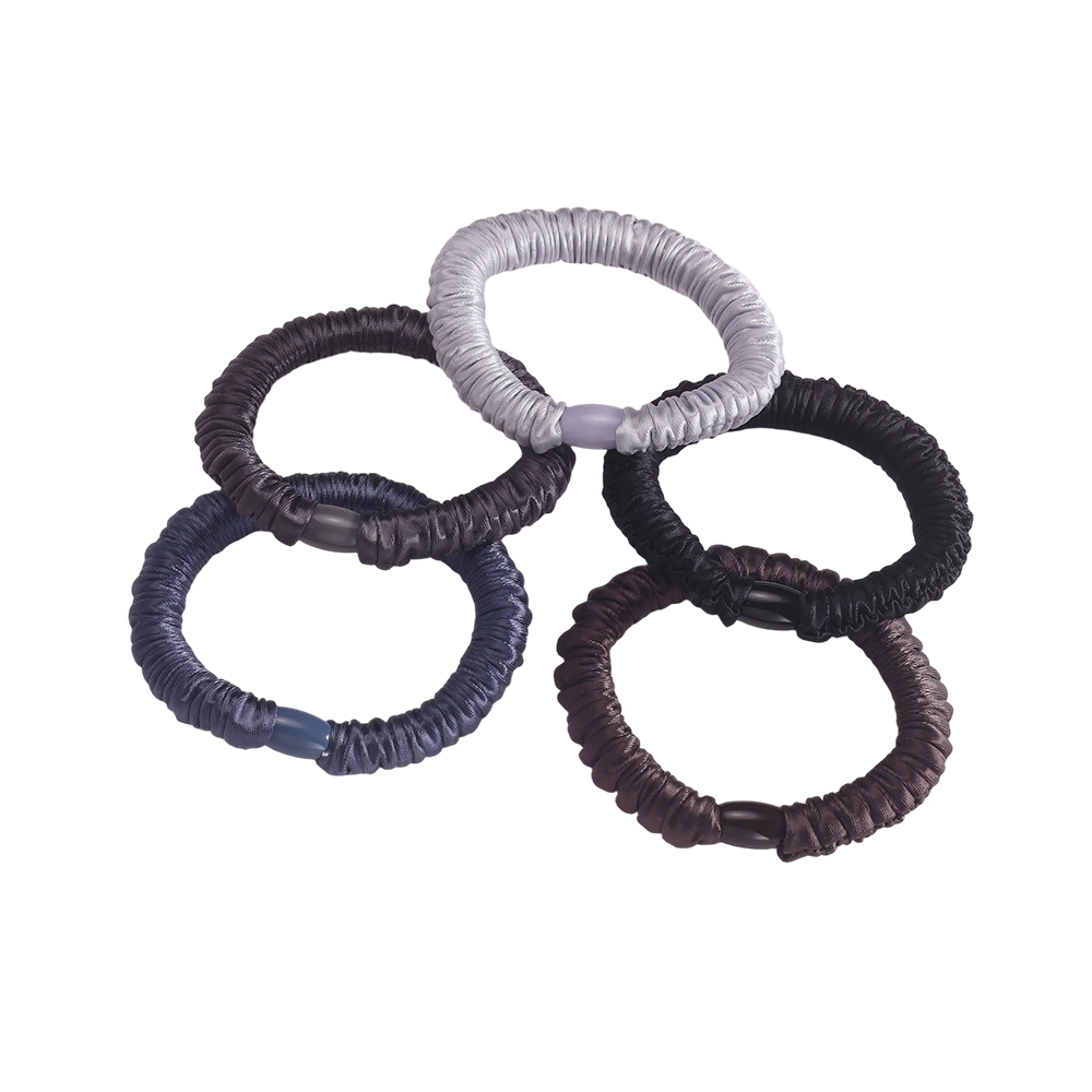 Set of 5 black pastel-coloured fine satin scrunchies    