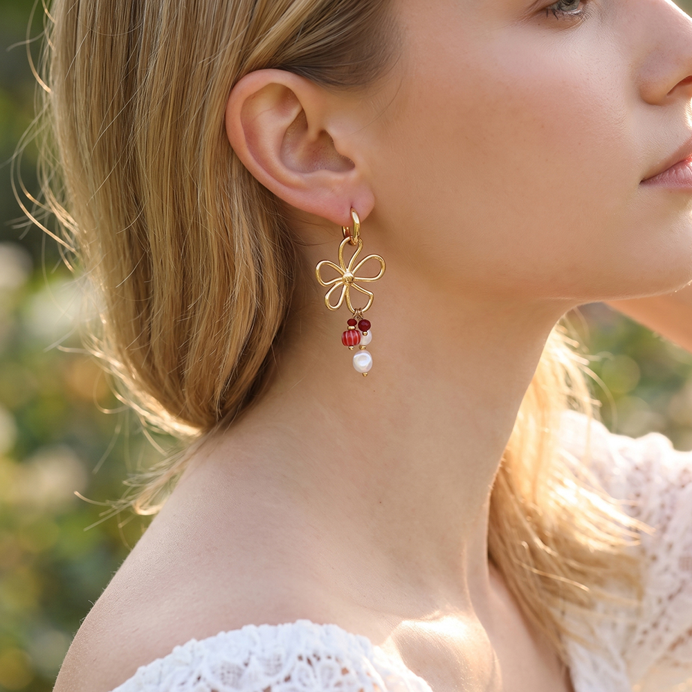 Stainless steel earrings, 55 × 25 mm, gold flower with pearls