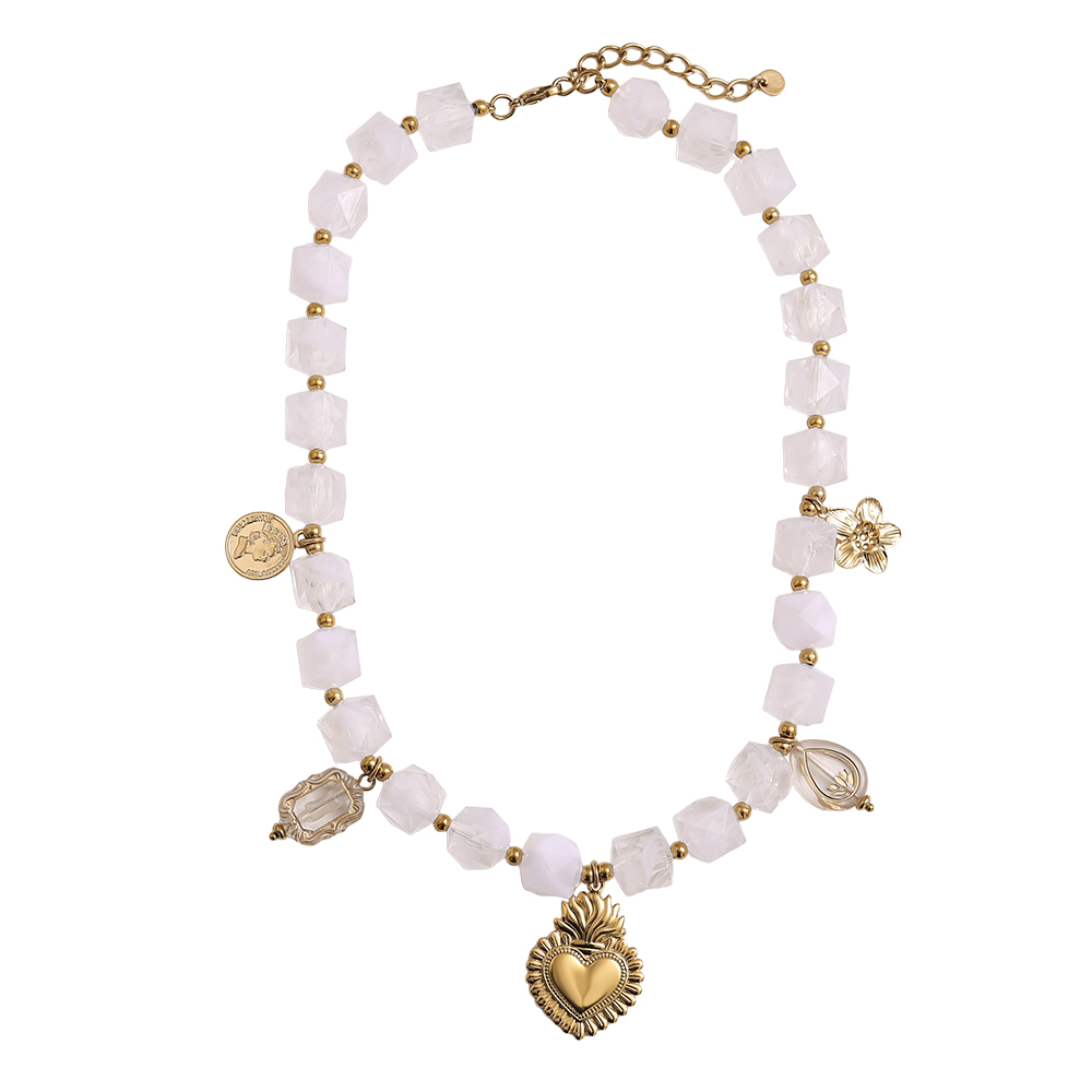 Stainless steel necklace 45cm chain with small acrylic cubes and golden flower, heart