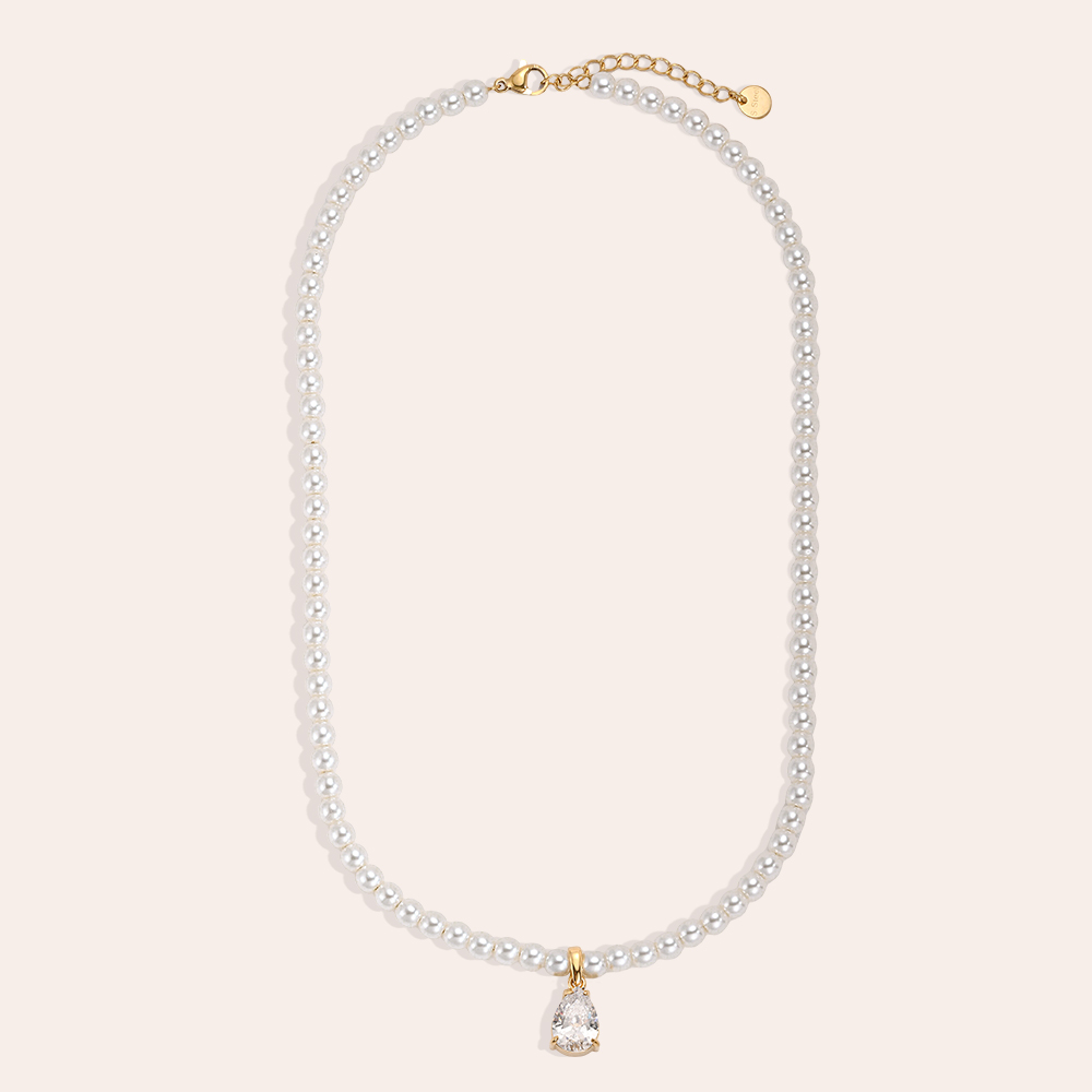 Stainless steel necklace, 39 cm, with teardrop-shaped cubic zirconia and a pearl chain