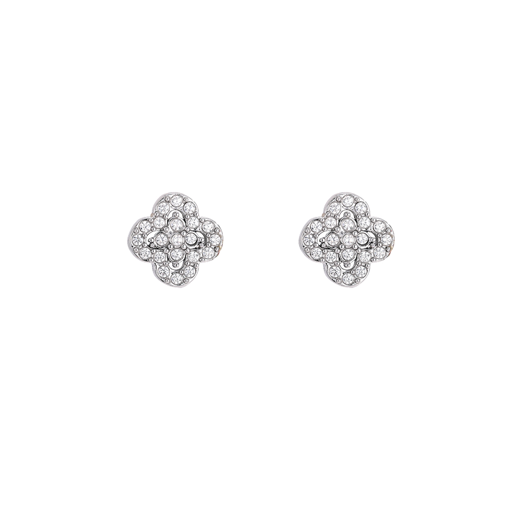 Stainless steel earrings, 8mm cubic zirconia, four-leaf clover design 