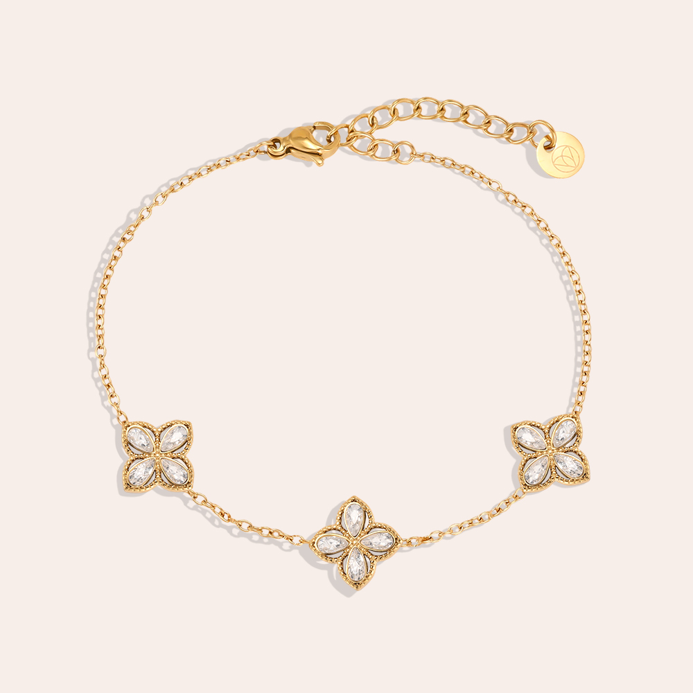 Stainless steel bracelet, 17 cm, with three cubic zirconia clover leaves 