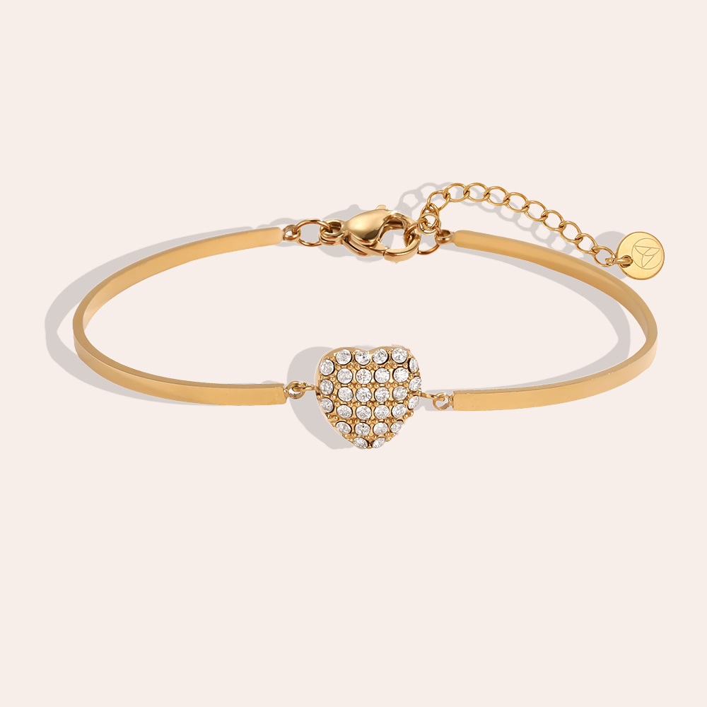 Stainless steel bracelet, adjustable, twin-ring design, heart-shaped rhinestone  