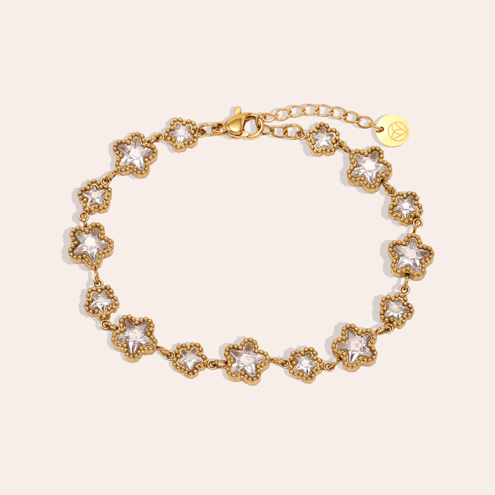 Stainless steel bracelet, 17 cm, with a star-shaped design featuring sparkling cubic zirconia