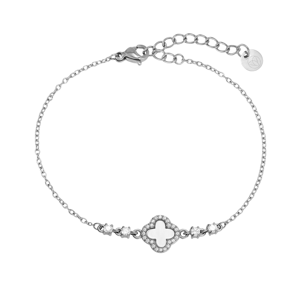 Stainless steel bracelet, 17 cm, with an acrylic shamrock featuring a zirconia border
