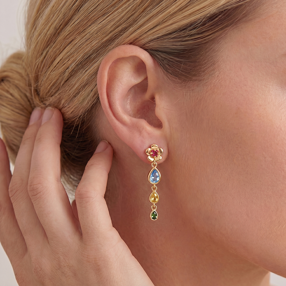 Gold-plated earrings 30mm zirconia flowers and coloured drops