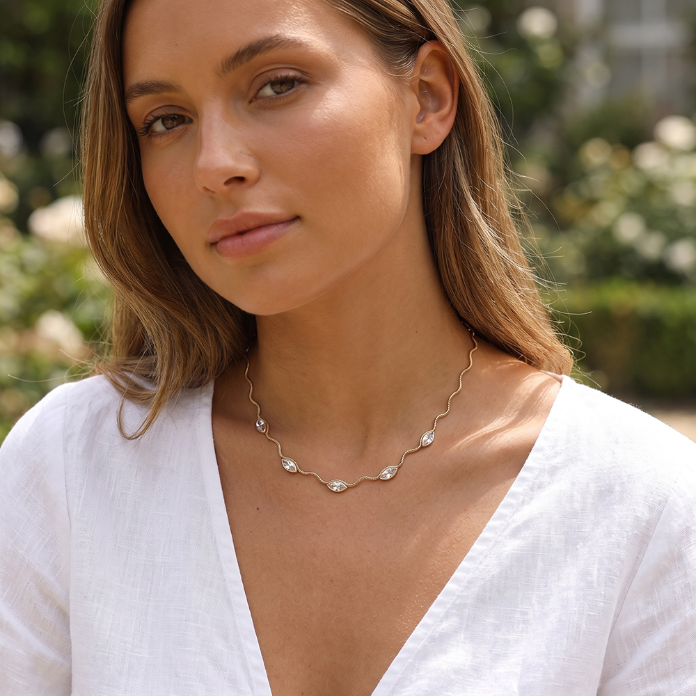 Stainless steel necklace, 42 cm, wave chain with eyelet and cubic zirconia
