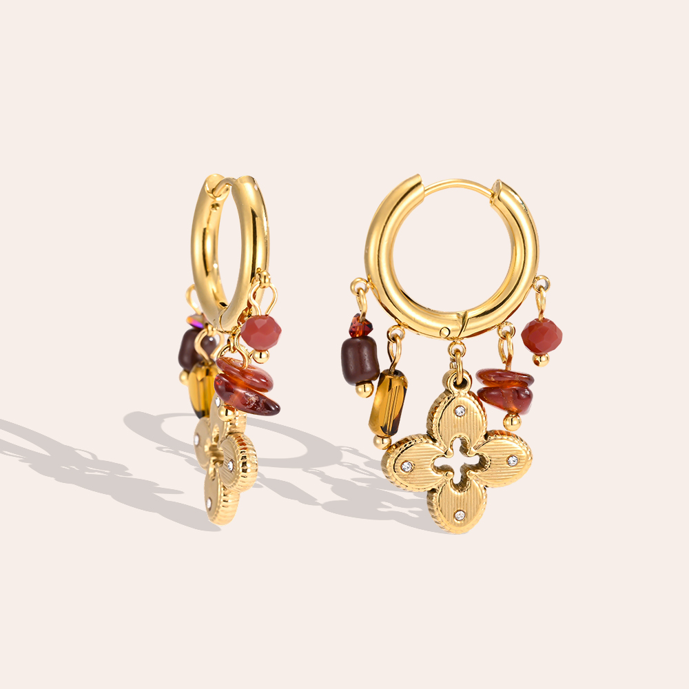 Stainless steel earrings, 37 × 18 mm, gold flower with brown detailing 