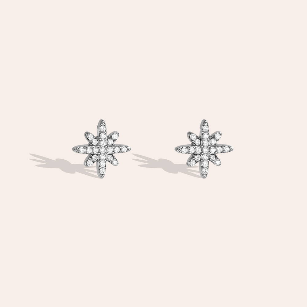 Stainless steel earrings, 10 mm, cubic zirconia, eight-pointed star