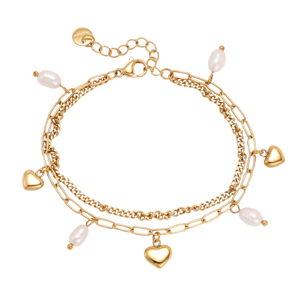 Stainless steel bracelet, 17 cm, with heart-shaped freshwater pearls