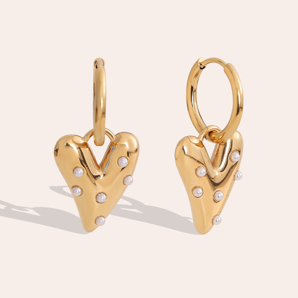 Stainless steel earrings 3cm heart with small pearls