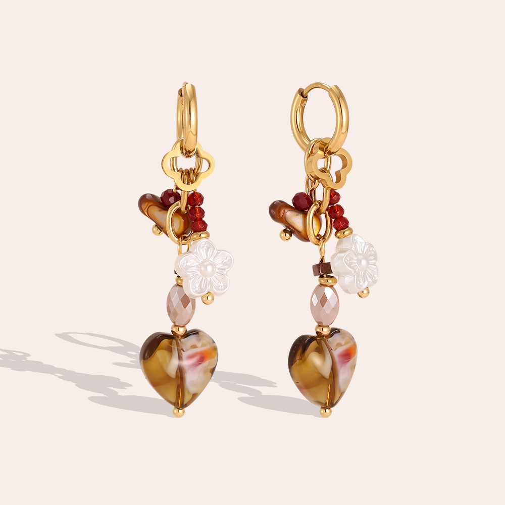 Stainless steel earrings, 52 × 12 mm, with white flowers and brown hearts