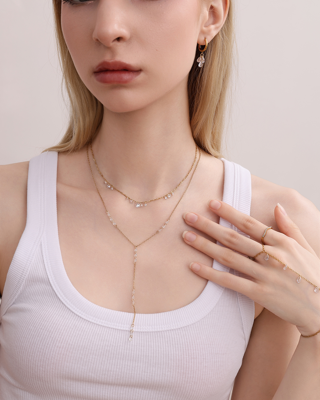 Stainless steel necklace 41cm drop-shaped zirconia