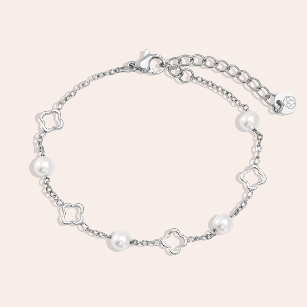 Stainless steel bracelet, 16 cm, with a shamrock and pearls