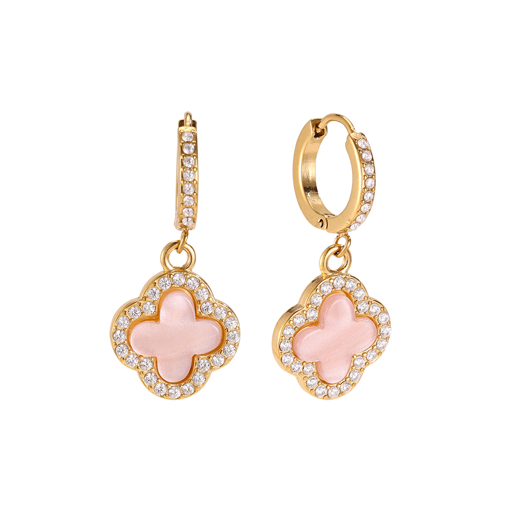 Stainless steel earrings, 25mm acrylic cloverleaf with a zirconia border