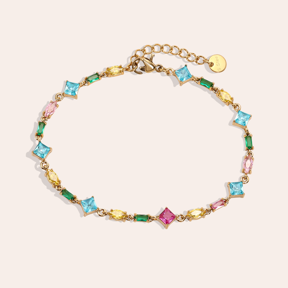 Stainless steel bracelet, 17 cm, with a variety of cubic zirconia chains