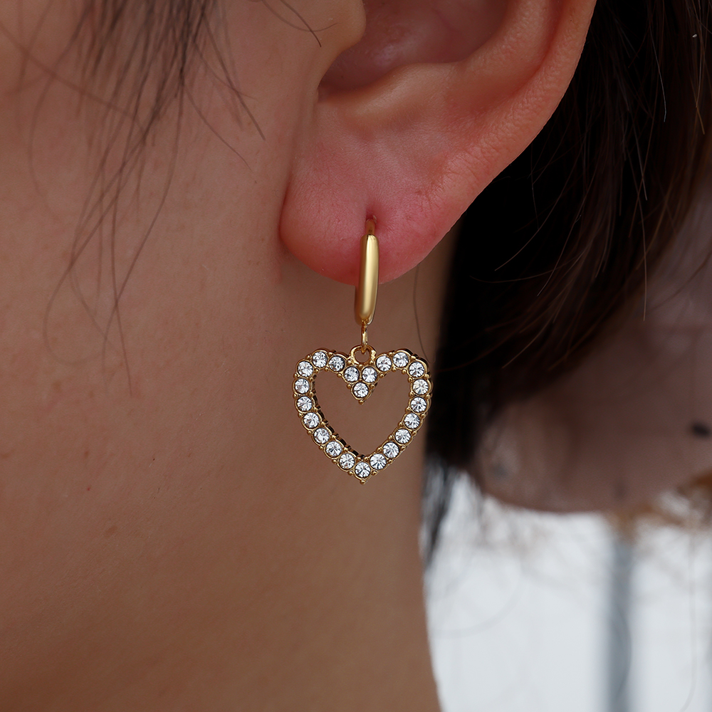 Single Diamond Hollow Heart Stainless Steel Earrings   