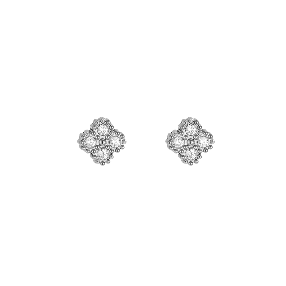 Stainless steel earrings, 8mm, with delicate cubic zirconia in a cloverleaf design  