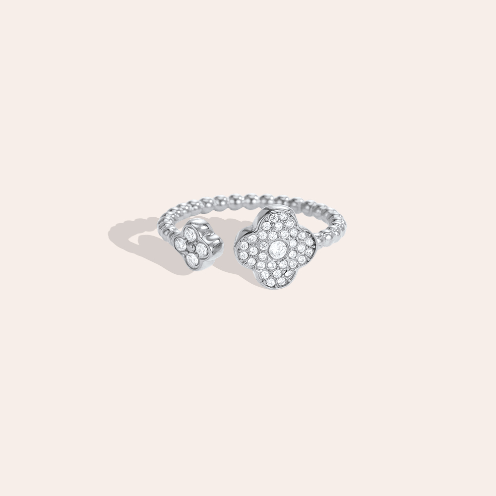Stainless steel ring – adjustable, sparkling shamrock-shaped cubic zirconia 