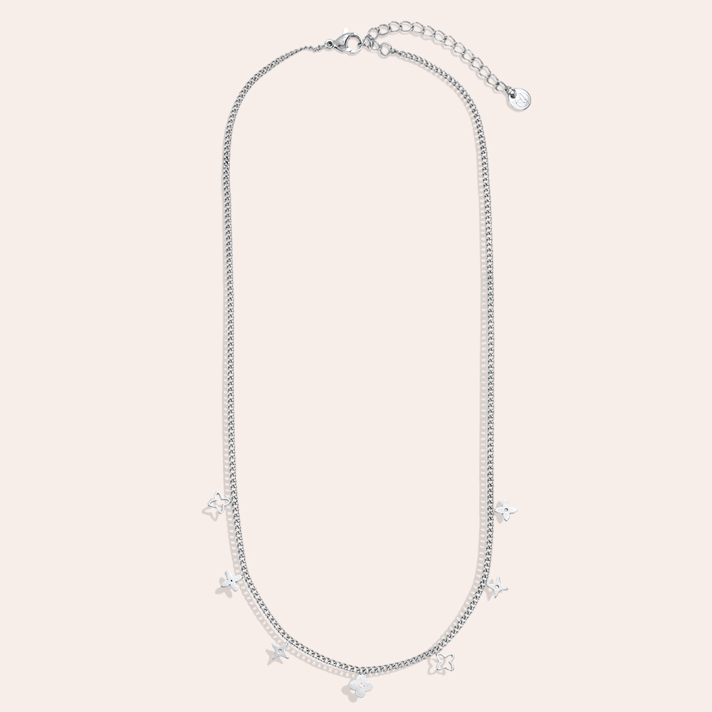 Stainless steel necklace, 38cm, featuring various four-leaf clovers