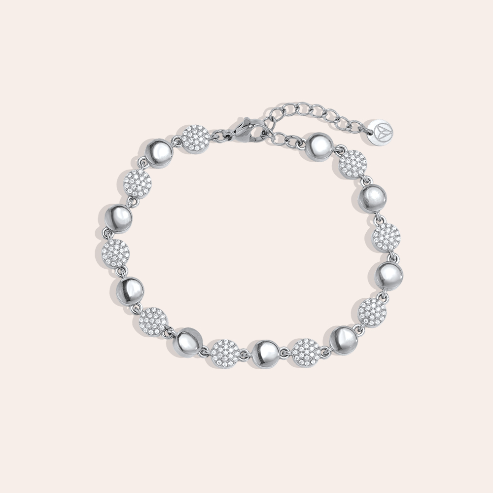 Stainless steel bracelet, 17 cm, with cubic zirconia discs and discs