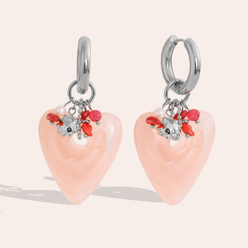 Stainless steel earrings 60*30mm acrylic heart freshwater pearls