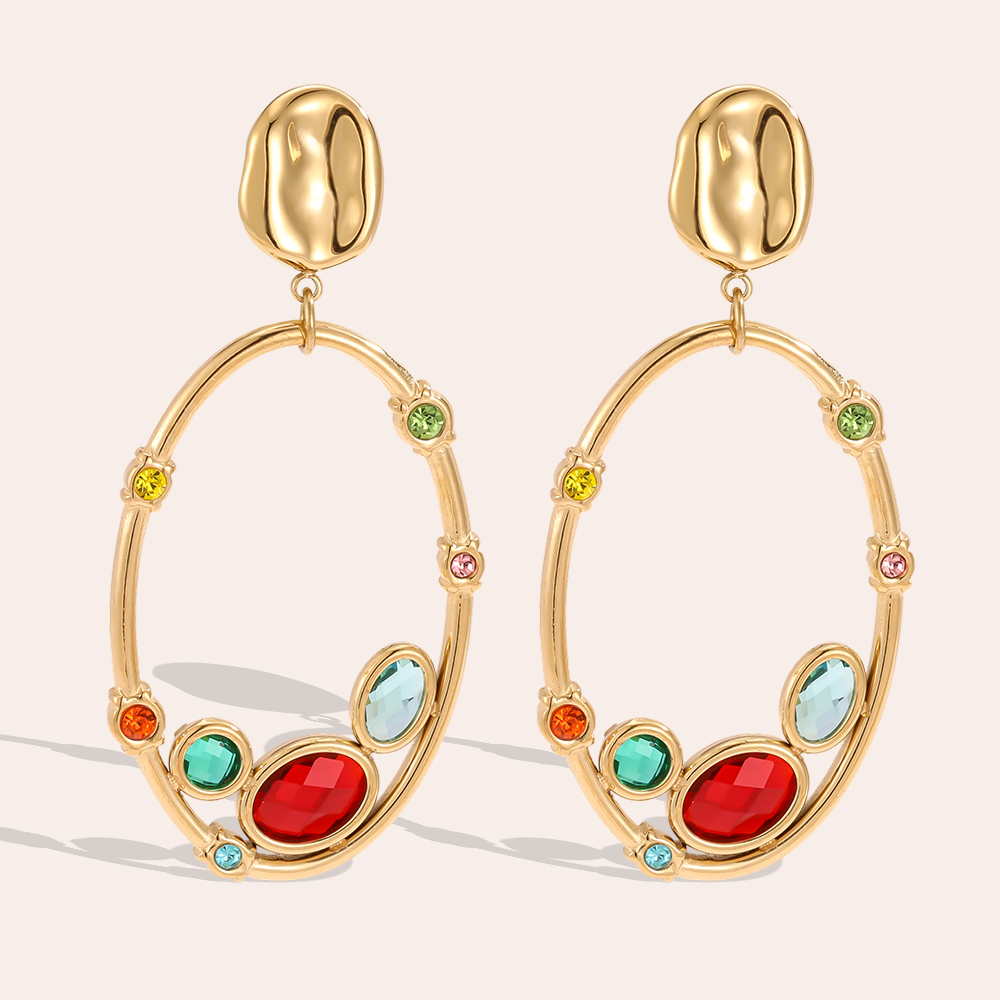 Stainless steel earrings, 46 × 23 mm, loop design, multicoloured cubic zirconia